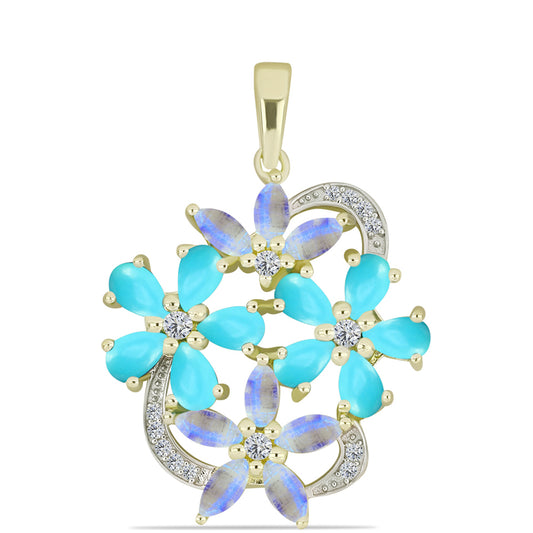 Pendente de Prata com Banho de Ouro com Turquesa Bela Adormecida e Pedra da Lua Arco-íris  Contraste: Cabeca de Veado (800)