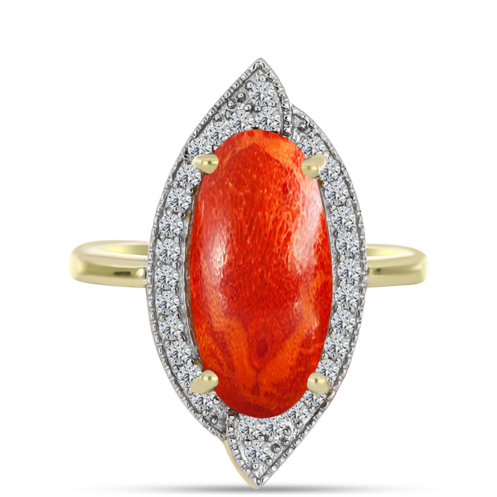 Anel de Prata com Banho de Ouro com Coral Esponja Vermelha e Topázio Branco  Contraste: Cabeca de Veado (800)