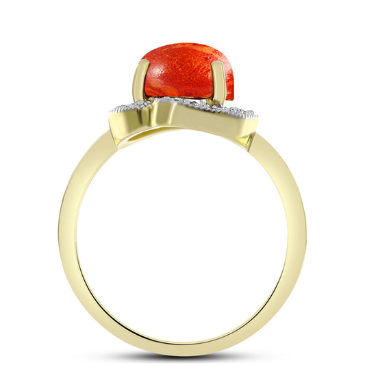 Anel de Prata com Banho de Ouro com Coral Esponja Vermelha e Topázio Branco  Contraste: Cabeca de Veado (800)