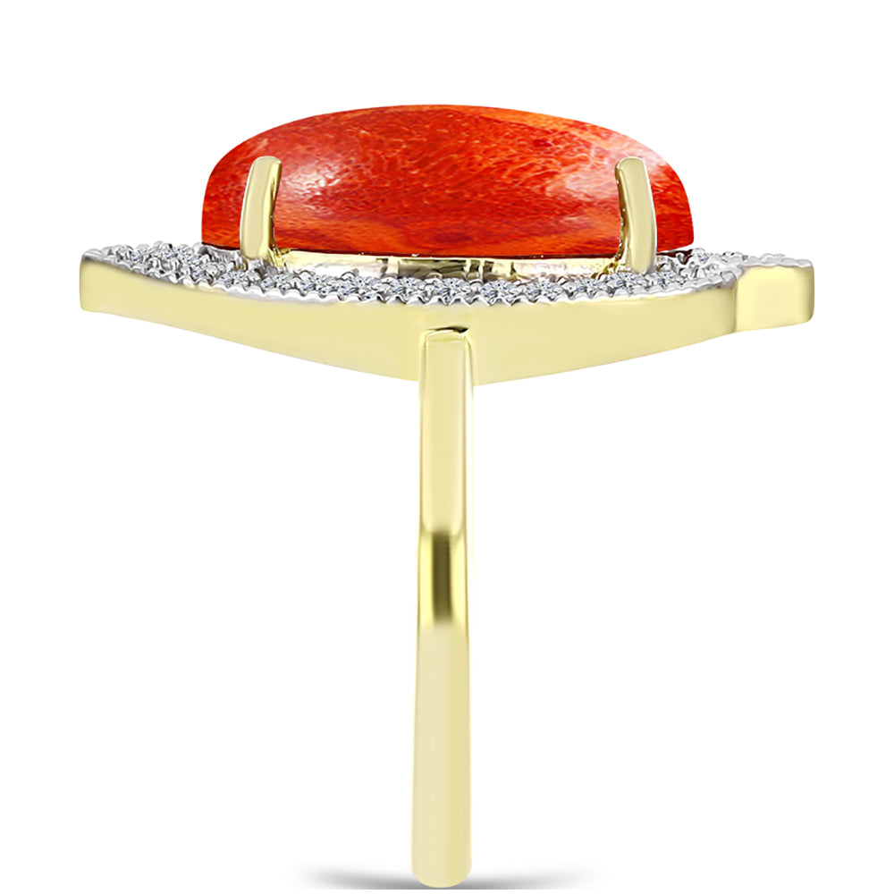 Anel de Prata com Banho de Ouro com Coral Esponja Vermelha e Topázio Branco  Contraste: Cabeca de Veado (800)