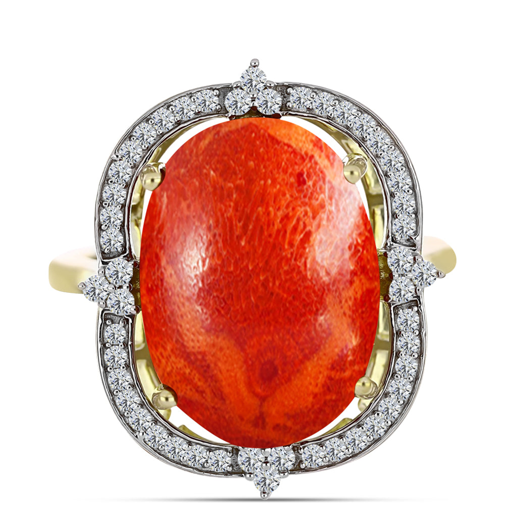 Anel de Prata com Banho de Ouro com Coral Esponja Vermelha e Topázio Branco  Contraste: Cabeca de Veado (800) 1 