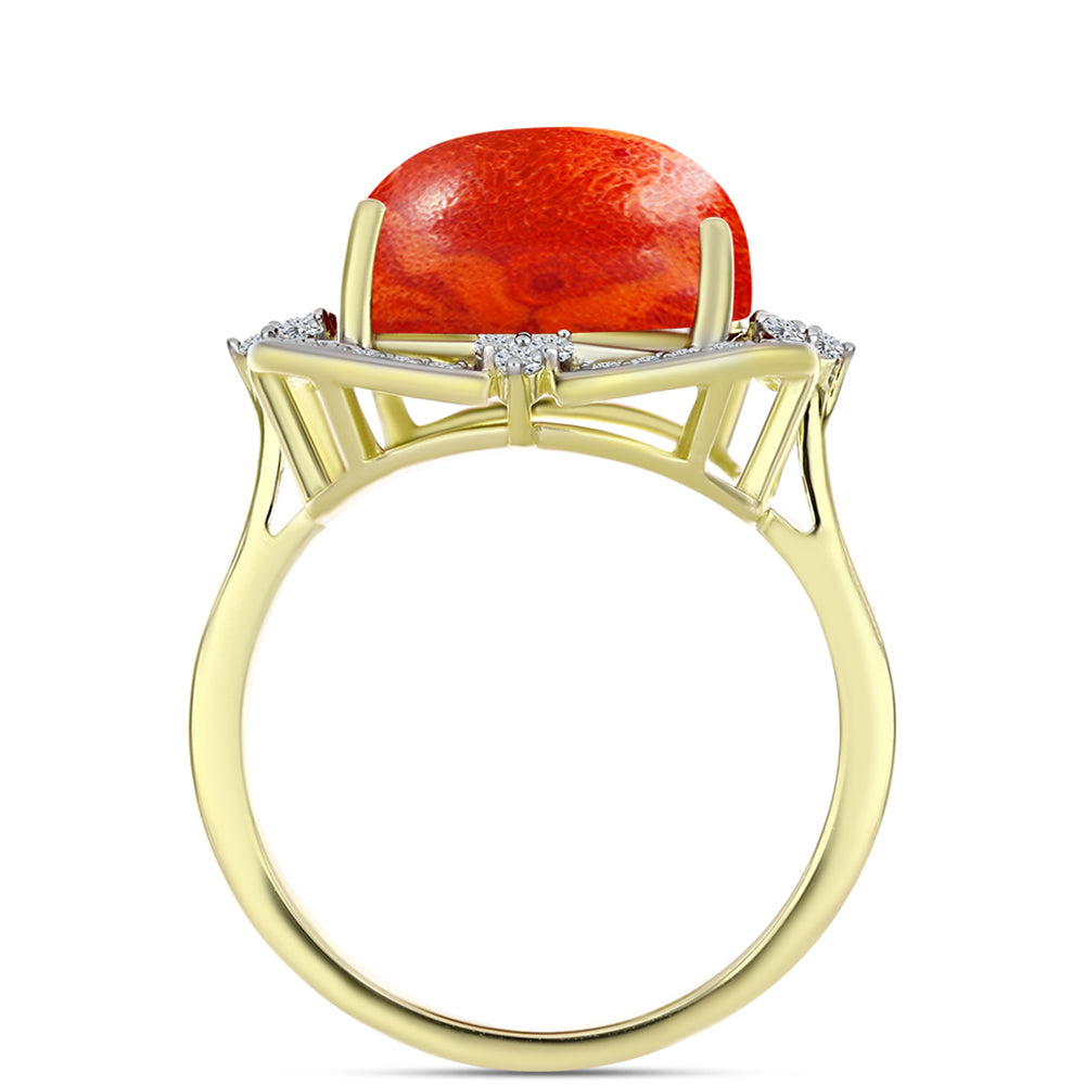 Anel de Prata com Banho de Ouro com Coral Esponja Vermelha e Topázio Branco  Contraste: Cabeca de Veado (800)