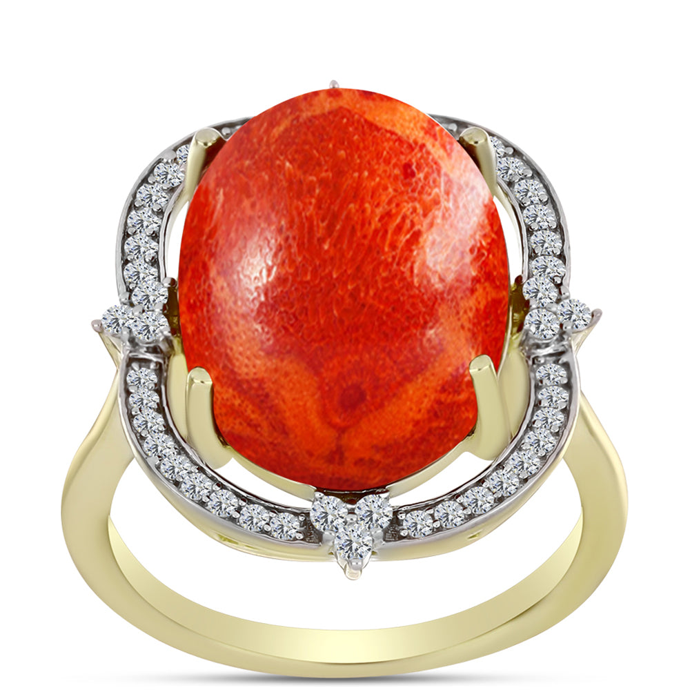 Anel de Prata com Banho de Ouro com Coral Esponja Vermelha e Topázio Branco  Contraste: Cabeca de Veado (800) 3 