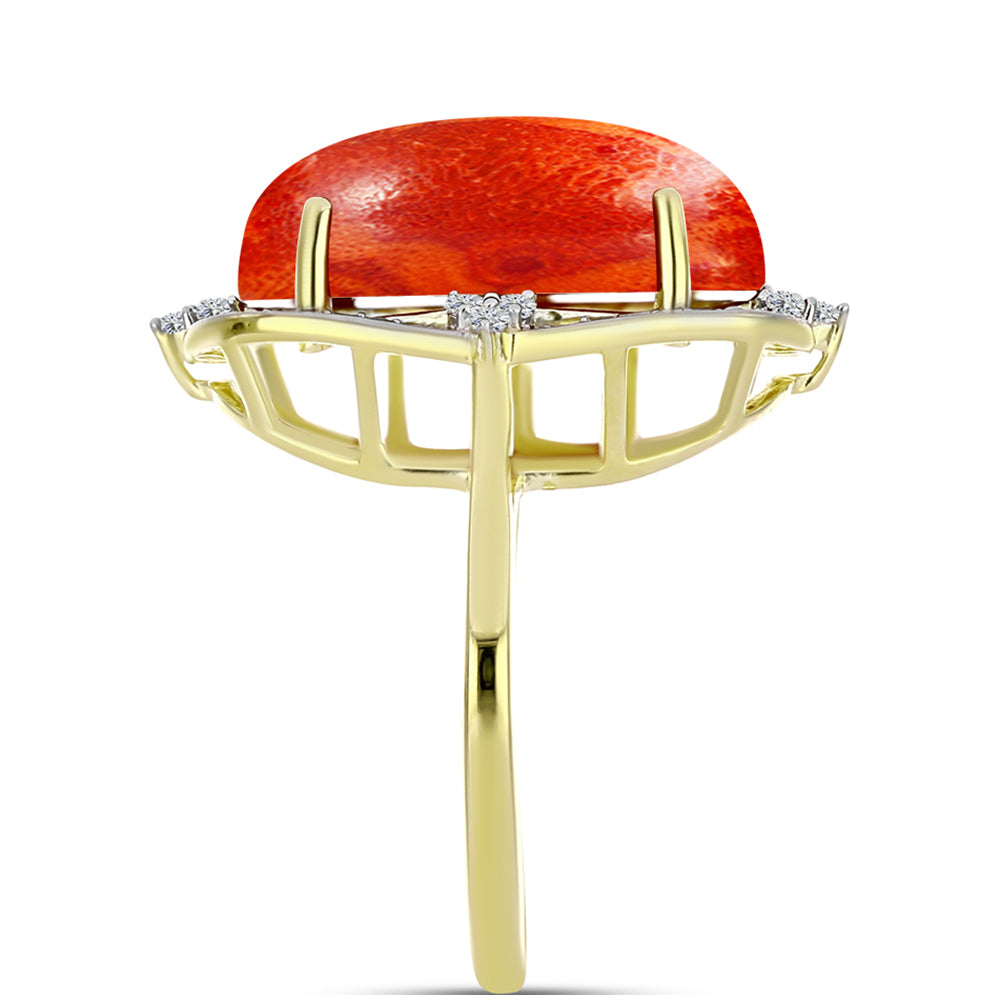 Anel de Prata com Banho de Ouro com Coral Esponja Vermelha e Topázio Branco  Contraste: Cabeca de Veado (800)