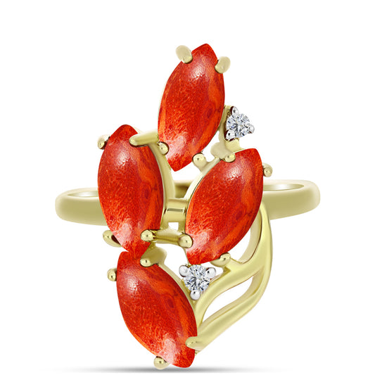 Anel de Prata com Banho de Ouro com Coral Esponja Vermelha e Topázio Branco  Contraste: Cabeca de Veado (800)