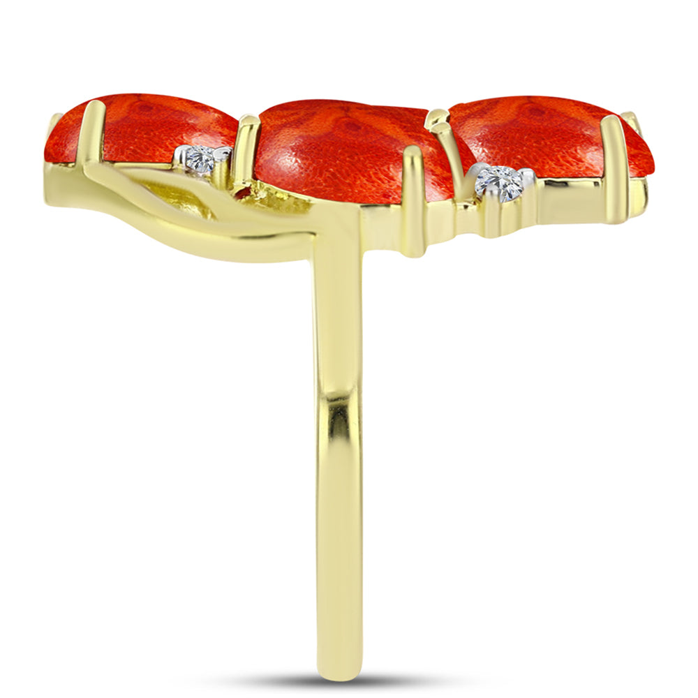 Anel de Prata com Banho de Ouro com Coral Esponja Vermelha e Topázio Branco  Contraste: Cabeca de Veado (800) 4 
