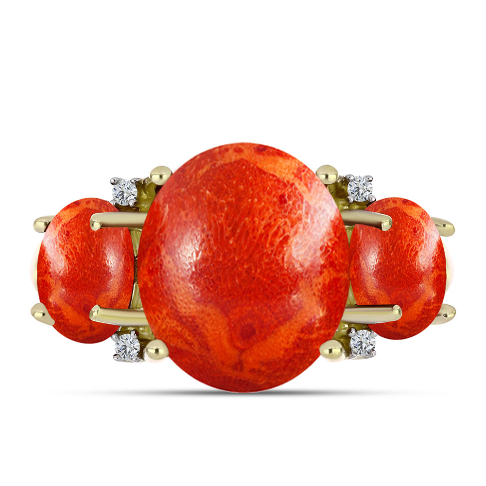Anel de Prata com Banho de Ouro com Coral Esponja Vermelha e Topázio Branco  Contraste: Cabeca de Veado (800) 1 