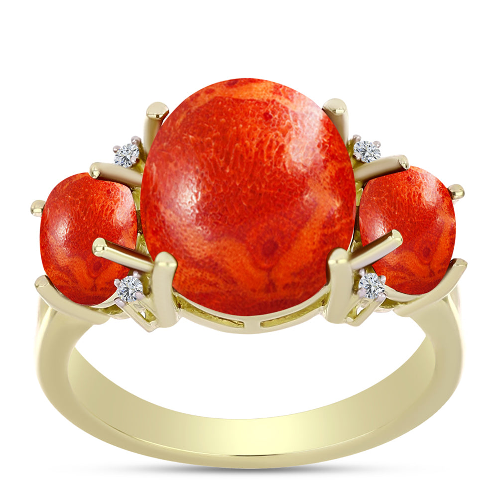 Anel de Prata com Banho de Ouro com Coral Esponja Vermelha e Topázio Branco  Contraste: Cabeca de Veado (800)