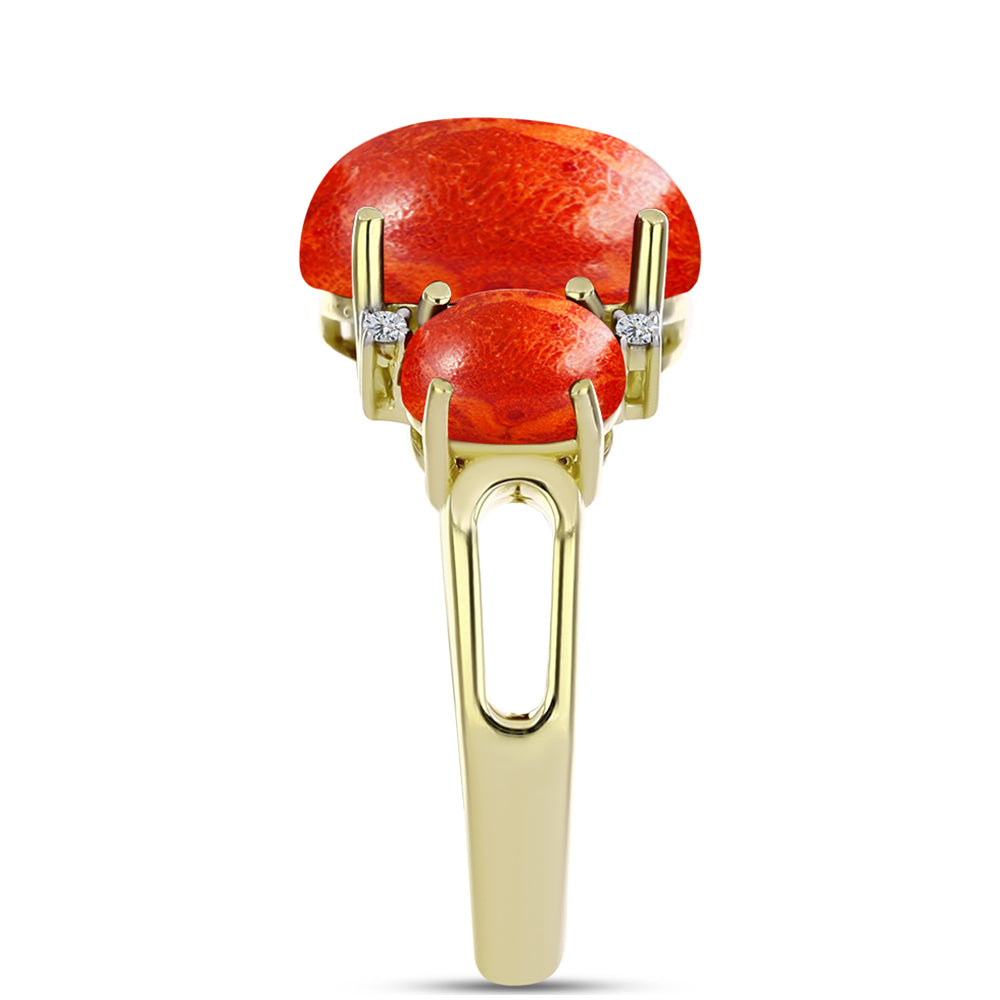 Anel de Prata com Banho de Ouro com Coral Esponja Vermelha e Topázio Branco  Contraste: Cabeca de Veado (800)