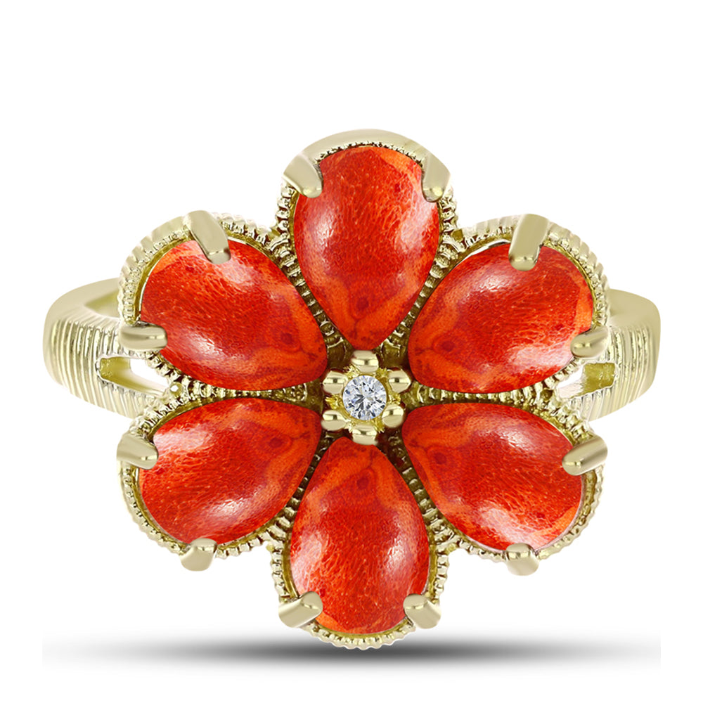 Anel de Prata com Banho de Ouro com Coral Esponja Vermelha e Topázio Branco  Contraste: Cabeca de Veado (800)
