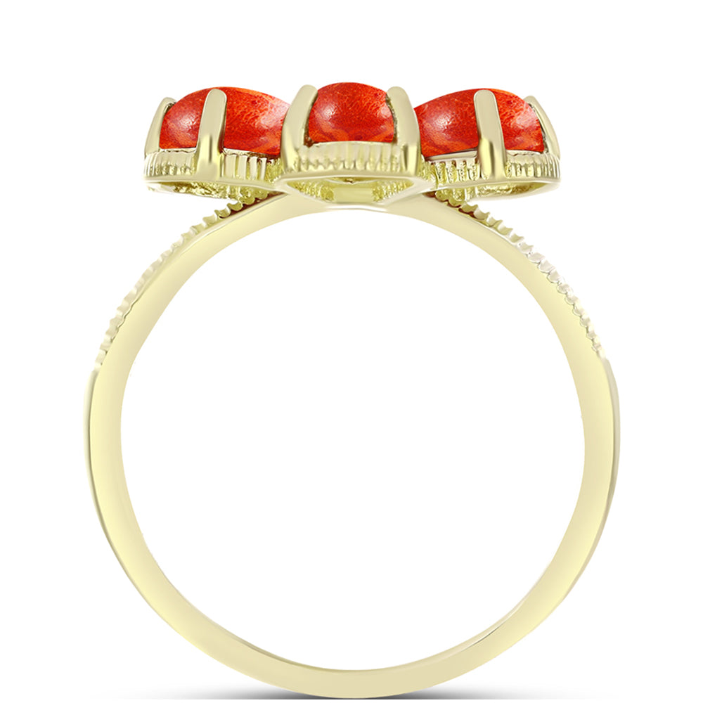 Anel de Prata com Banho de Ouro com Coral Esponja Vermelha e Topázio Branco  Contraste: Cabeca de Veado (800)