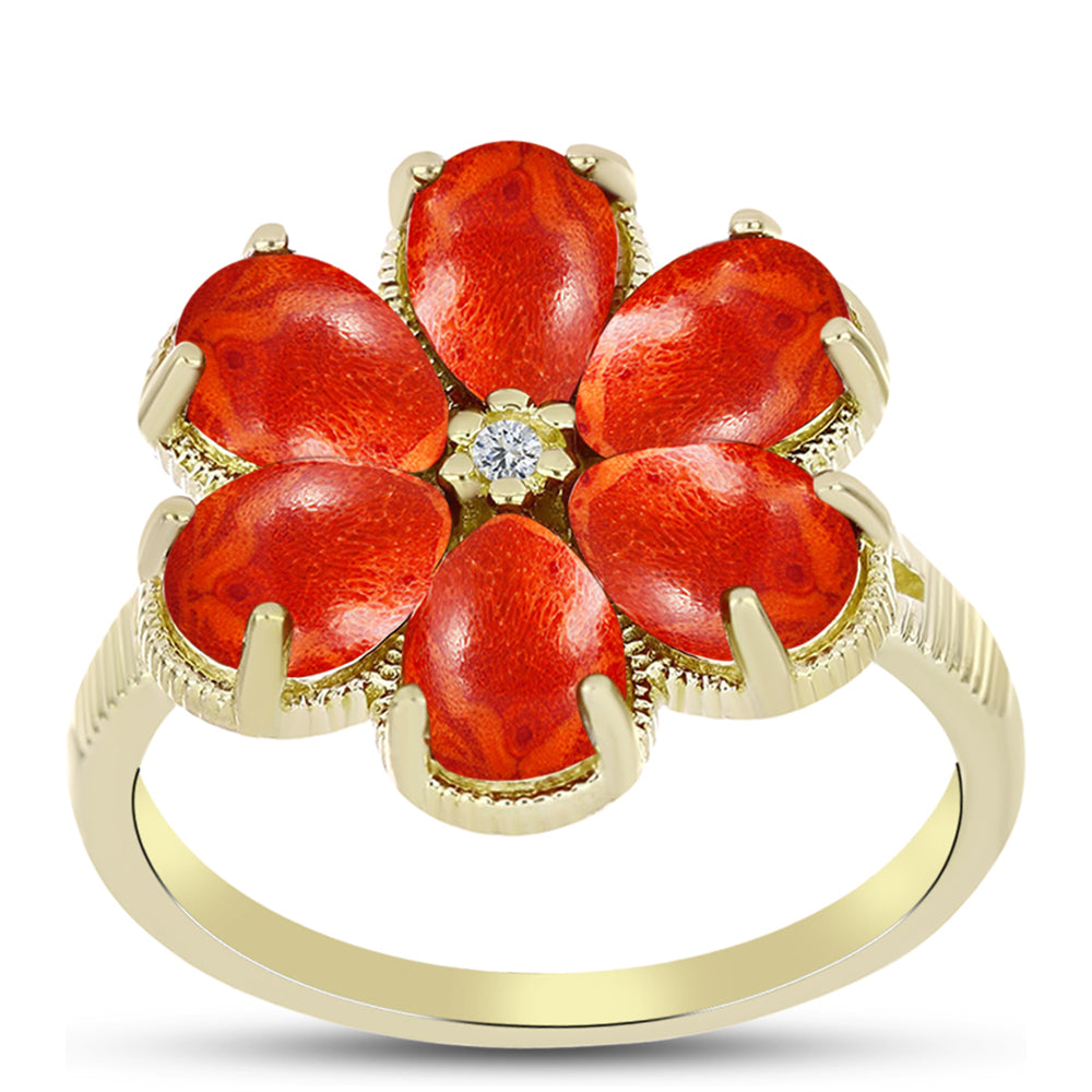 Anel de Prata com Banho de Ouro com Coral Esponja Vermelha e Topázio Branco  Contraste: Cabeca de Veado (800)