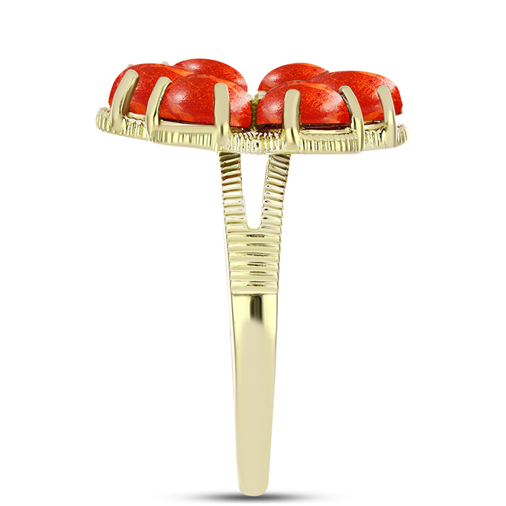 Anel de Prata com Banho de Ouro com Coral Esponja Vermelha e Topázio Branco  Contraste: Cabeca de Veado (800) 4 