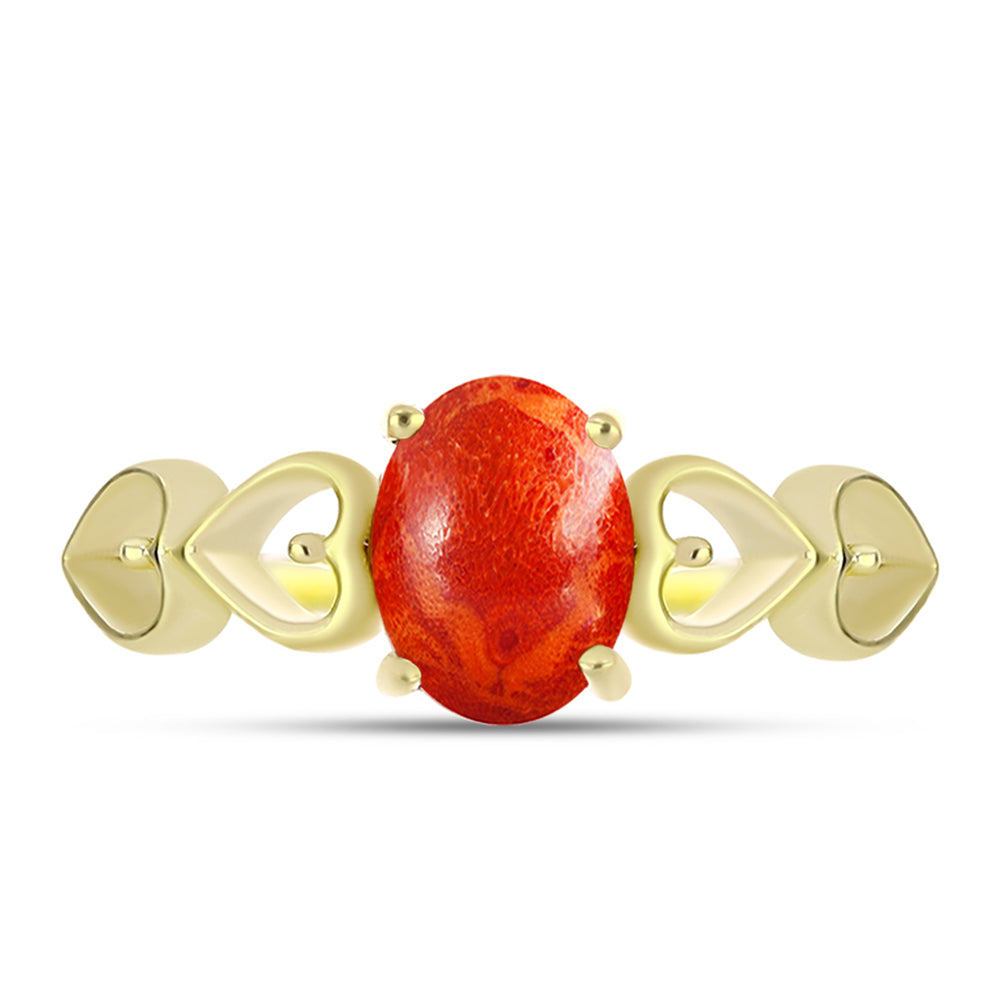 Anel de Prata com Banho de Ouro com Coral Esponja Vermelha