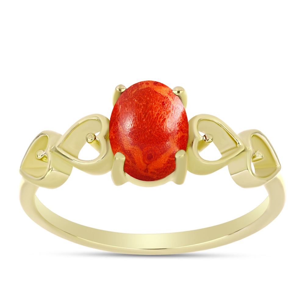 Anel de Prata com Banho de Ouro com Coral Esponja Vermelha