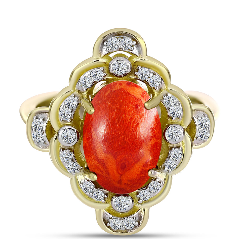 Anel de Prata com Banho de Ouro com Coral Esponja Vermelha e Topázio Branco  Contraste: Cabeca de Veado (800)