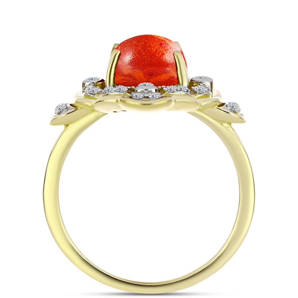 Anel de Prata com Banho de Ouro com Coral Esponja Vermelha e Topázio Branco  Contraste: Cabeca de Veado (800)