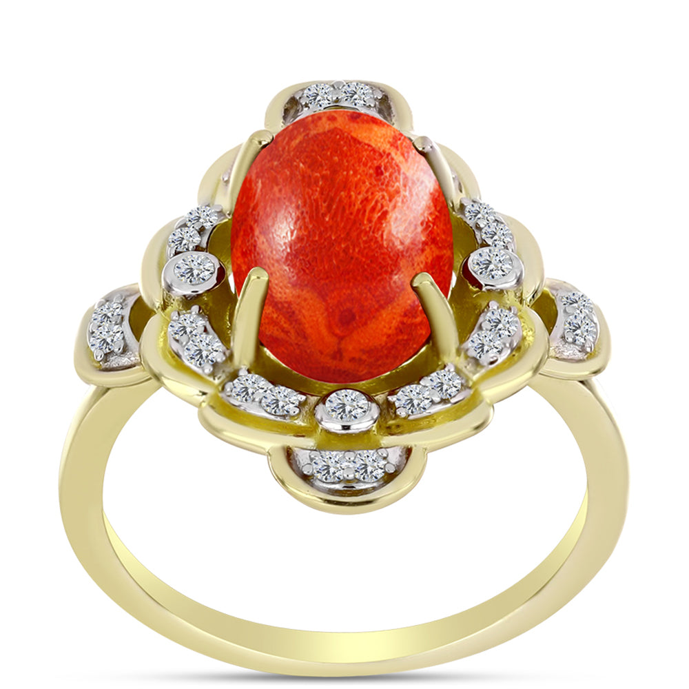 Anel de Prata com Banho de Ouro com Coral Esponja Vermelha e Topázio Branco  Contraste: Cabeca de Veado (800) 3 
