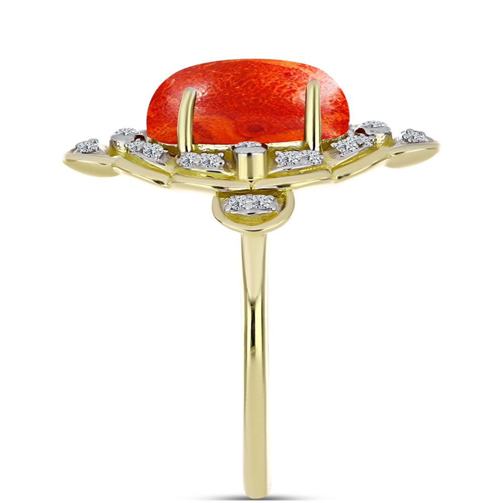 Anel de Prata com Banho de Ouro com Coral Esponja Vermelha e Topázio Branco  Contraste: Cabeca de Veado (800) 4 