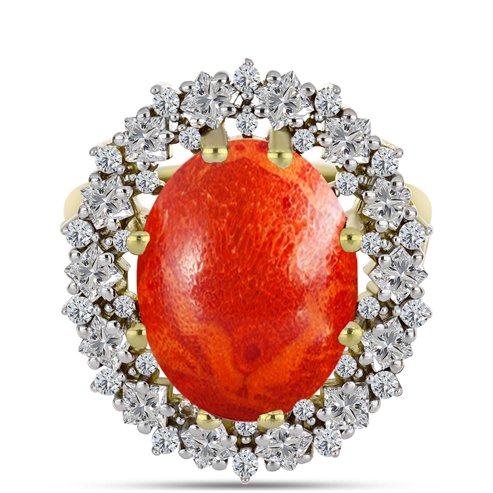 Anel de Prata com Banho de Ouro com Coral Esponja Vermelha e Zircão Branco  Contraste: Cabeca de Veado (800)
