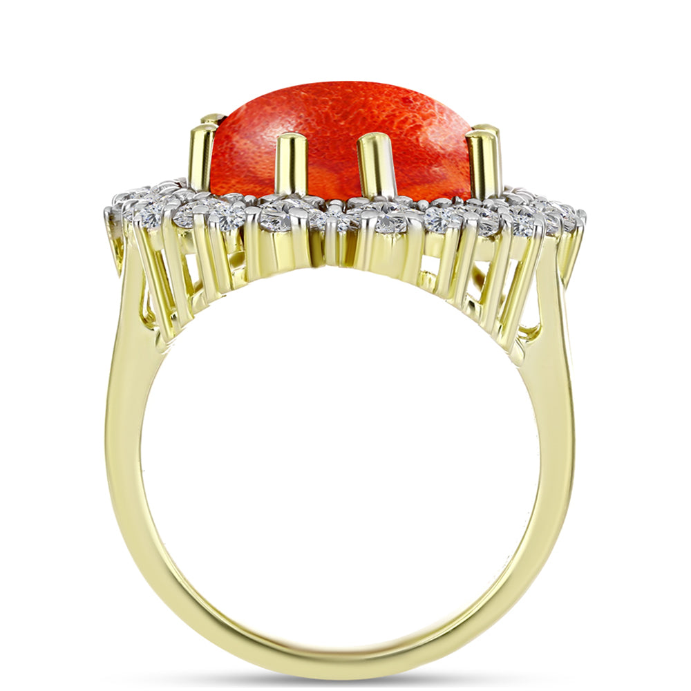 Anel de Prata com Banho de Ouro com Coral Esponja Vermelha e Zircão Branco  Contraste: Cabeca de Veado (800) 2 
