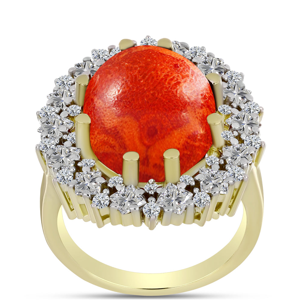 Anel de Prata com Banho de Ouro com Coral Esponja Vermelha e Zircão Branco  Contraste: Cabeca de Veado (800) 3 