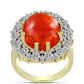 Anel de Prata com Banho de Ouro com Coral Esponja Vermelha e Zircão Branco  Contraste: Cabeca de Veado (800)