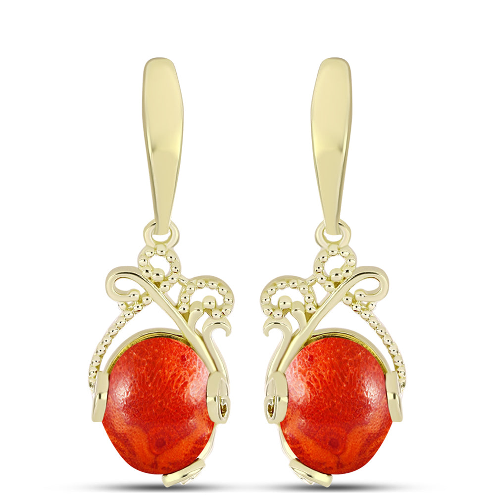 Brincos de Prata com Banho de Ouro com Coral Esponja Vermelha