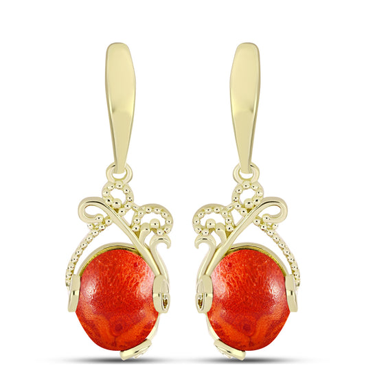 Brincos de Prata com Banho de Ouro com Coral Esponja Vermelha