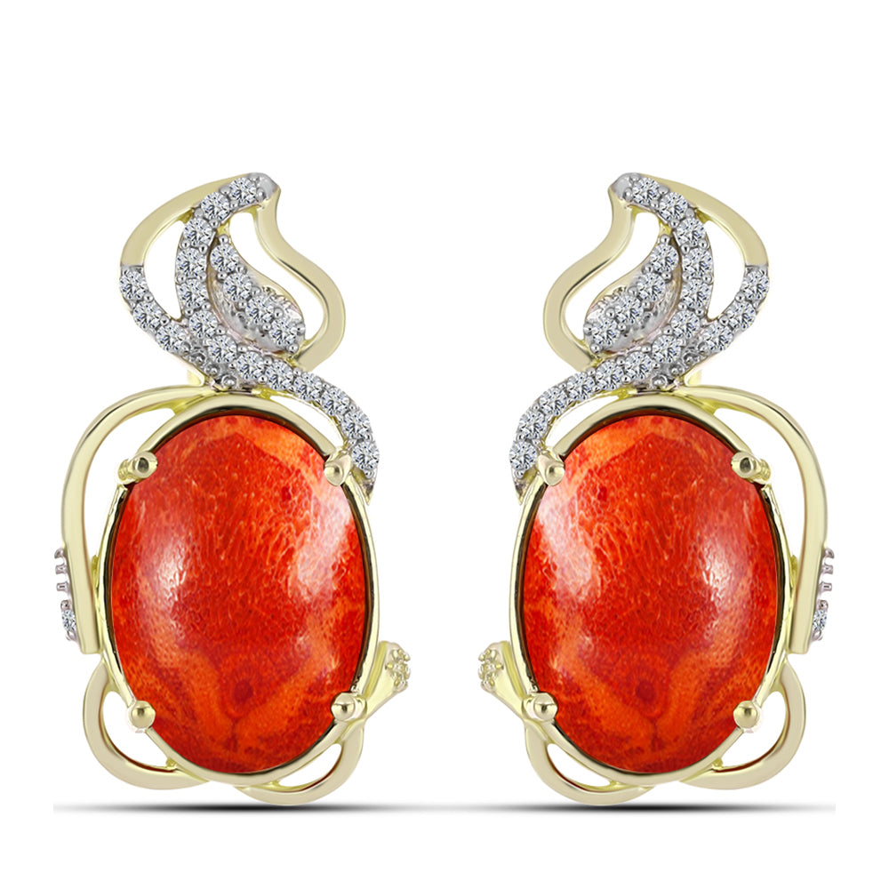 Brincos de Prata com Banho de Ouro com Coral Esponja Vermelha e Topázio Branco