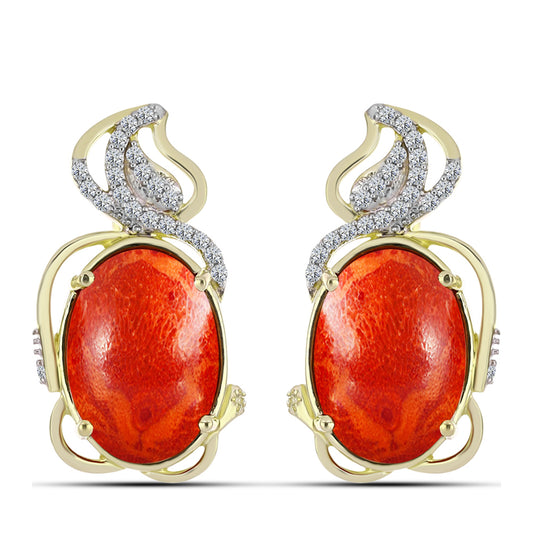 Brincos de Prata com Banho de Ouro com Coral Esponja Vermelha e Topázio Branco
