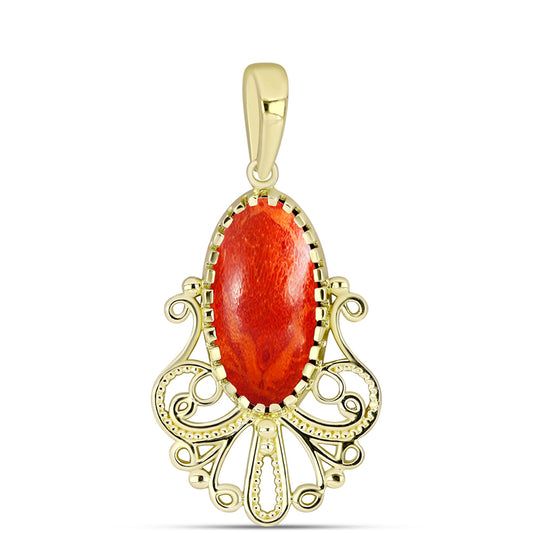 Pendente de Prata com Banho de Ouro com Coral Esponja Vermelha