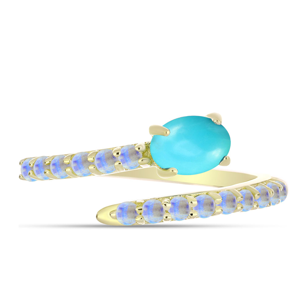 Anel de Prata com Banho de Ouro com Turquesa Bela Adormecida e Pedra da Lua Arco-íris