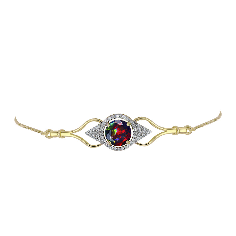 Pulseira de Prata com Banho de Ouro com Opala Preta de Lega Dembi da Etiópia e Topázio Branco  Contraste: Cabeca de Veado (800)