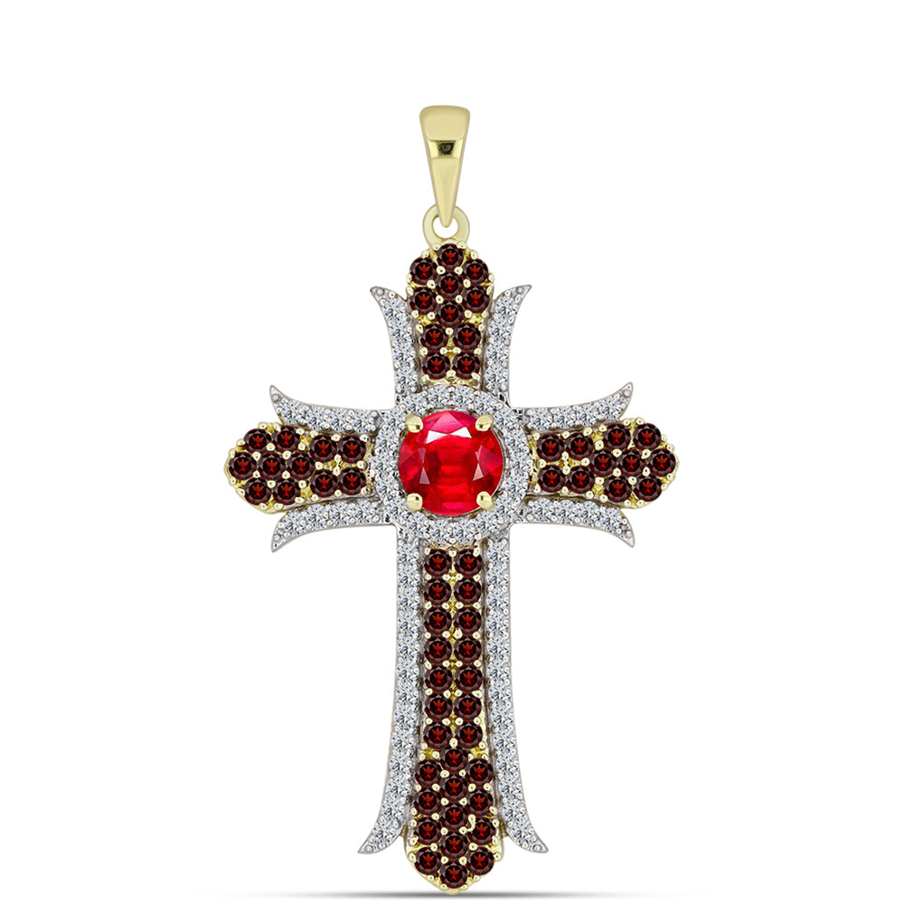 Cruz Pendente de Prata com Banho de Ouro com Ágata Vermelha e Granada de Barton  Contraste: Cabeca de Veado (800)