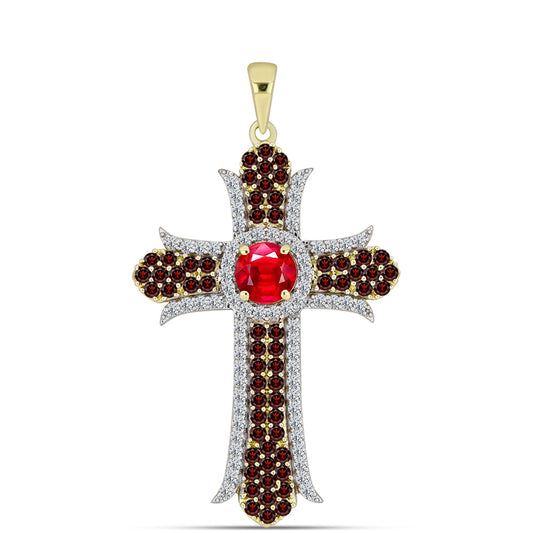Cruz Pendente de Prata com Banho de Ouro com Ágata Vermelha e Granada de Barton  Contraste: Cabeca de Veado (800)