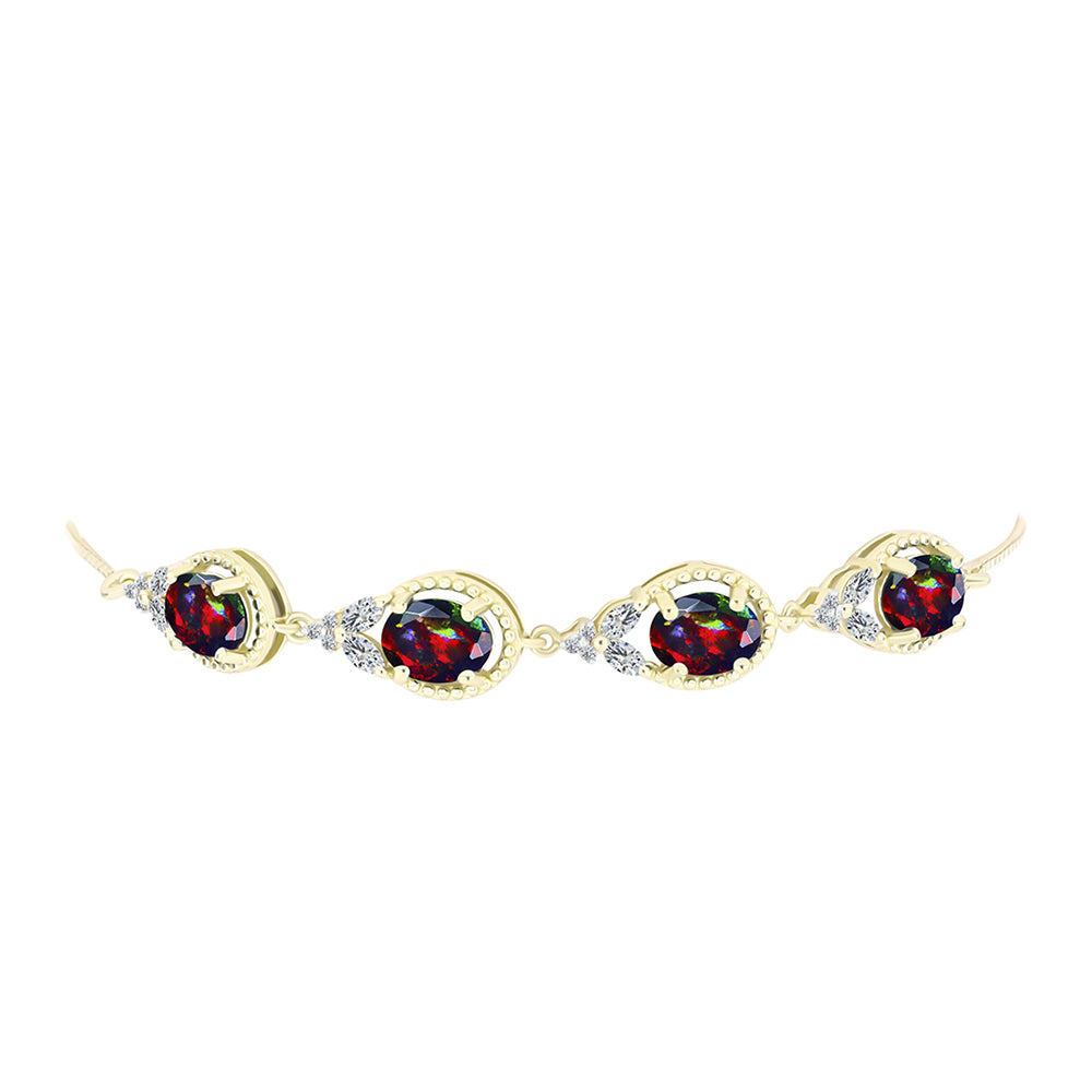 Pulseira de Prata com Banho de Ouro com Opala Preta de Lega Dembi da Etiópia e Topázio Branco  Contraste: Cabeca de Veado (800)