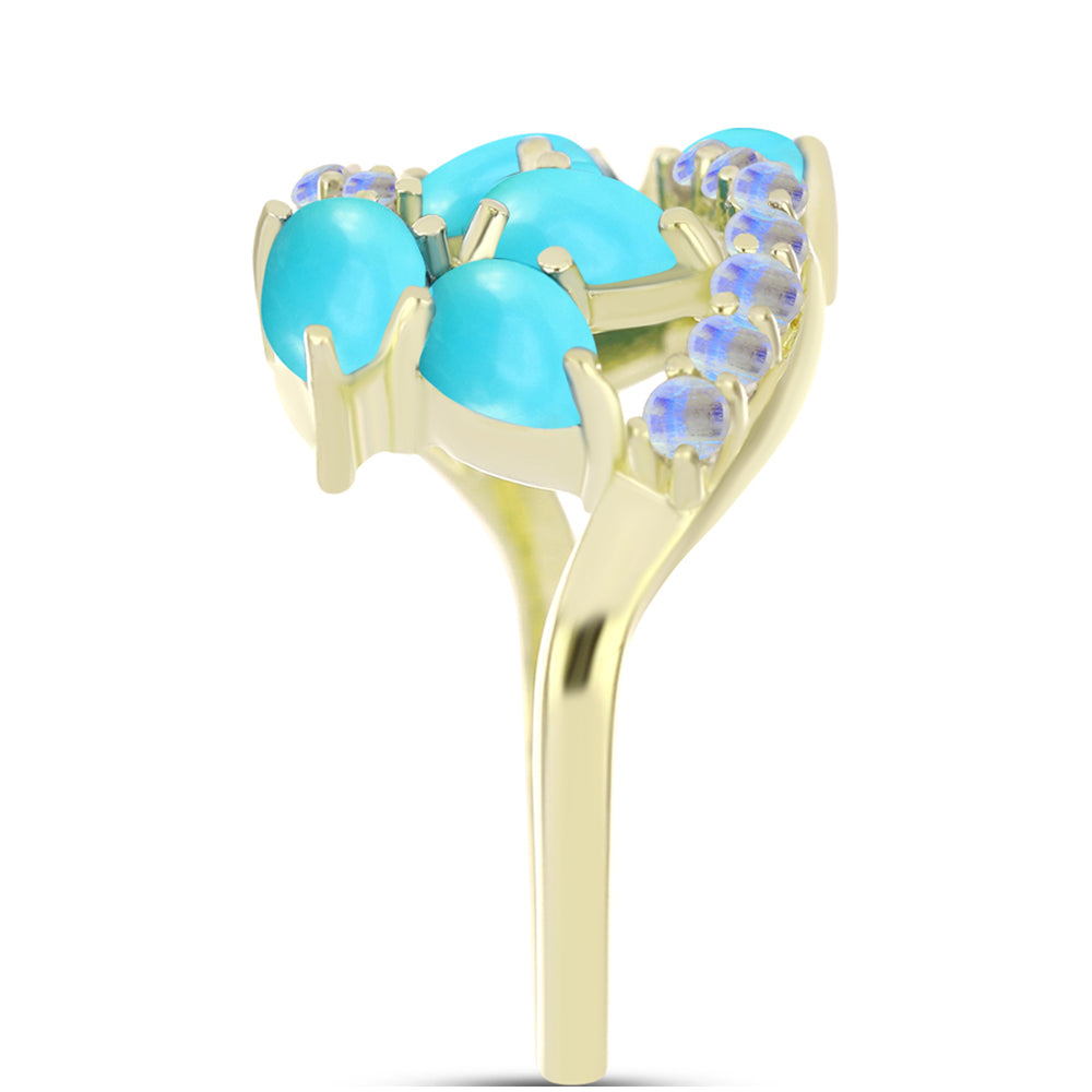 Anel de Prata com Banho de Ouro com Turquesa Bela Adormecida e Pedra da Lua Arco-íris  Contraste: Cabeca de Veado (800)