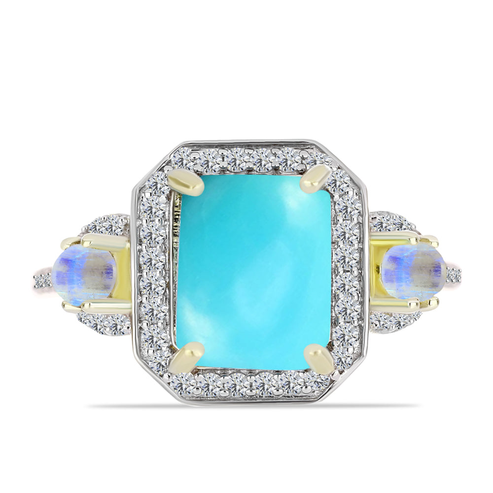 Anel de Prata com Banho de Ouro com Turquesa Bela Adormecida e Pedra da Lua Arco-íris  Contraste: Cabeca de Veado (800)