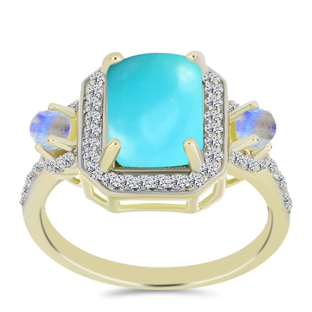 Anel de Prata com Banho de Ouro com Turquesa Bela Adormecida e Pedra da Lua Arco-íris  Contraste: Cabeca de Veado (800) 3 