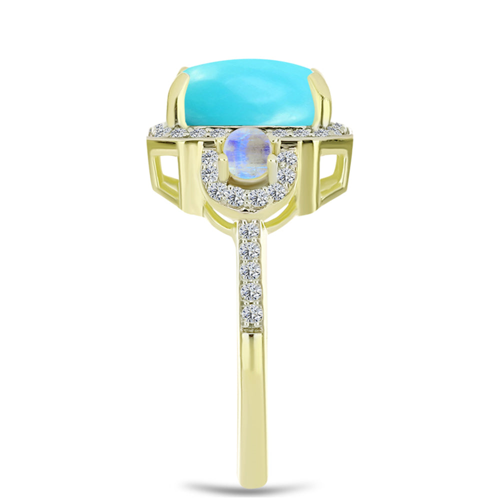 Anel de Prata com Banho de Ouro com Turquesa Bela Adormecida e Pedra da Lua Arco-íris  Contraste: Cabeca de Veado (800) 4 