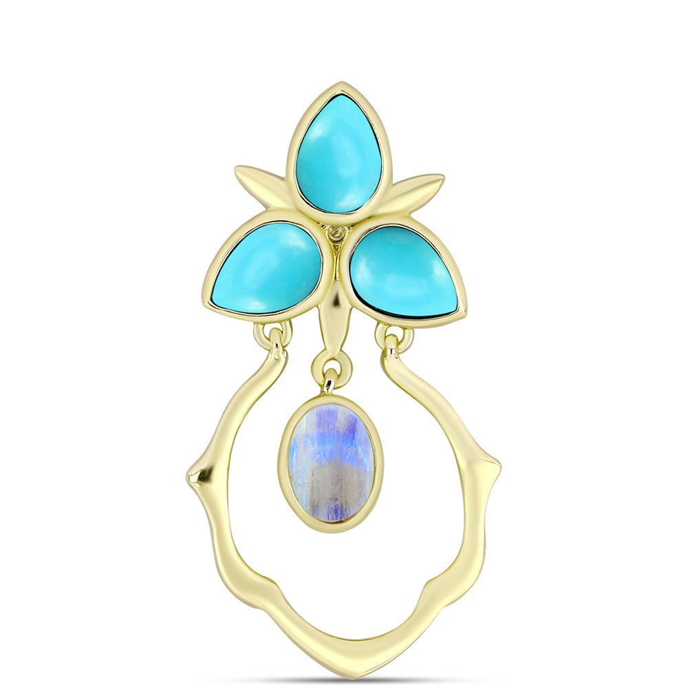 Pendente de Prata com Banho de Ouro com Turquesa Bela Adormecida e Pedra da Lua Arco-íris  Contraste: Cabeca de Veado (800)