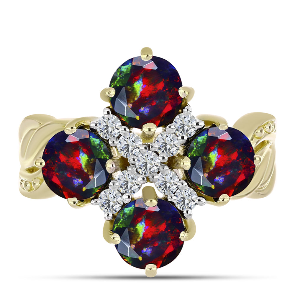 Anel de Prata com Banho de Ouro com Opala Preta de Lega Dembi da Etiópia e Topázio Branco  Contraste: Cabeca de Veado (800) 1 