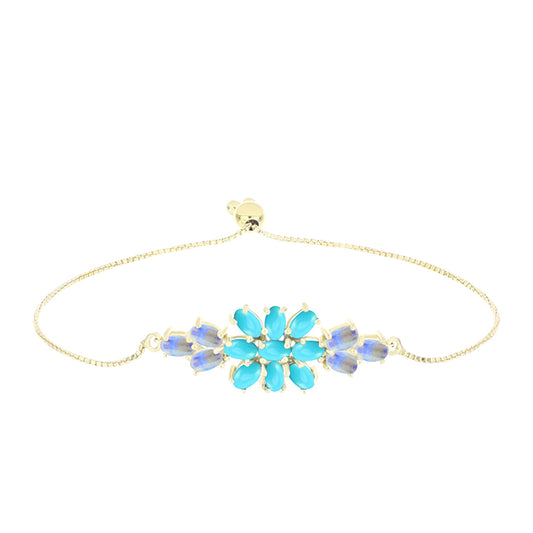 Pulseira de Prata com Banho de Ouro com Turquesa Bela Adormecida e Pedra da Lua Arco-íris  Contraste: Cabeca de Veado (800)