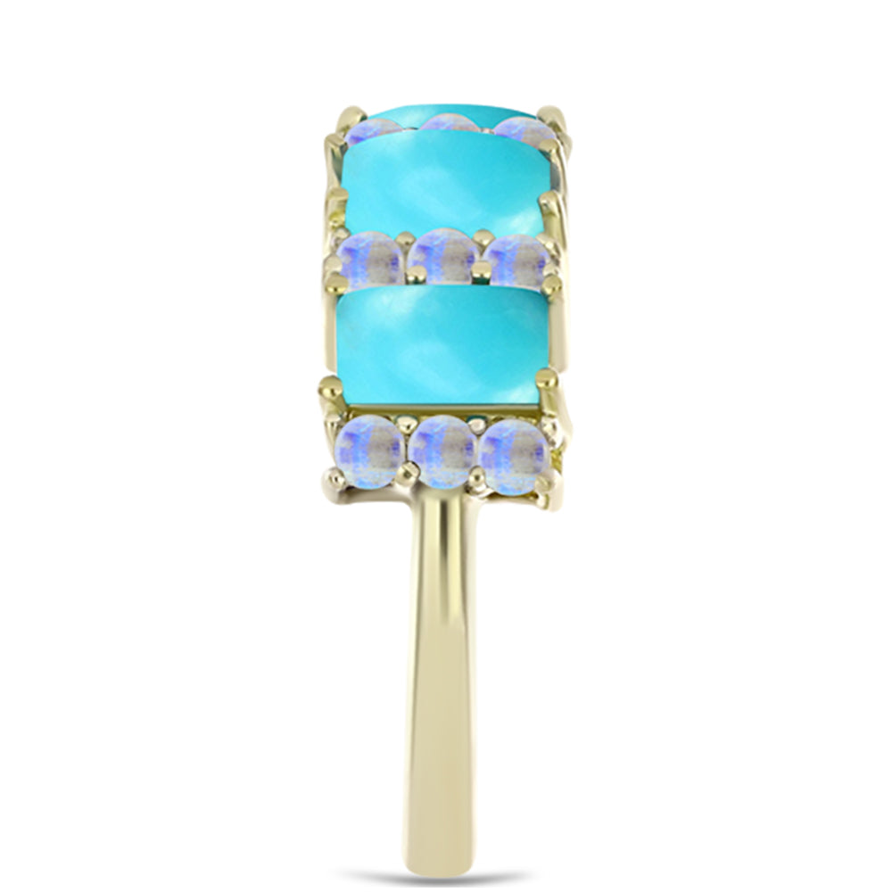 Anel de Prata com Banho de Ouro com Turquesa Bela Adormecida e Pedra da Lua Arco-íris  Contraste: Cabeca de Veado (800)