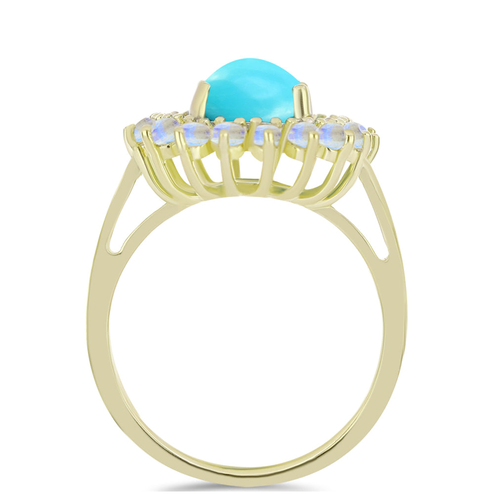 Anel de Prata com Banho de Ouro com Turquesa Bela Adormecida e Pedra da Lua Arco-íris  Contraste: Cabeca de Veado (800)