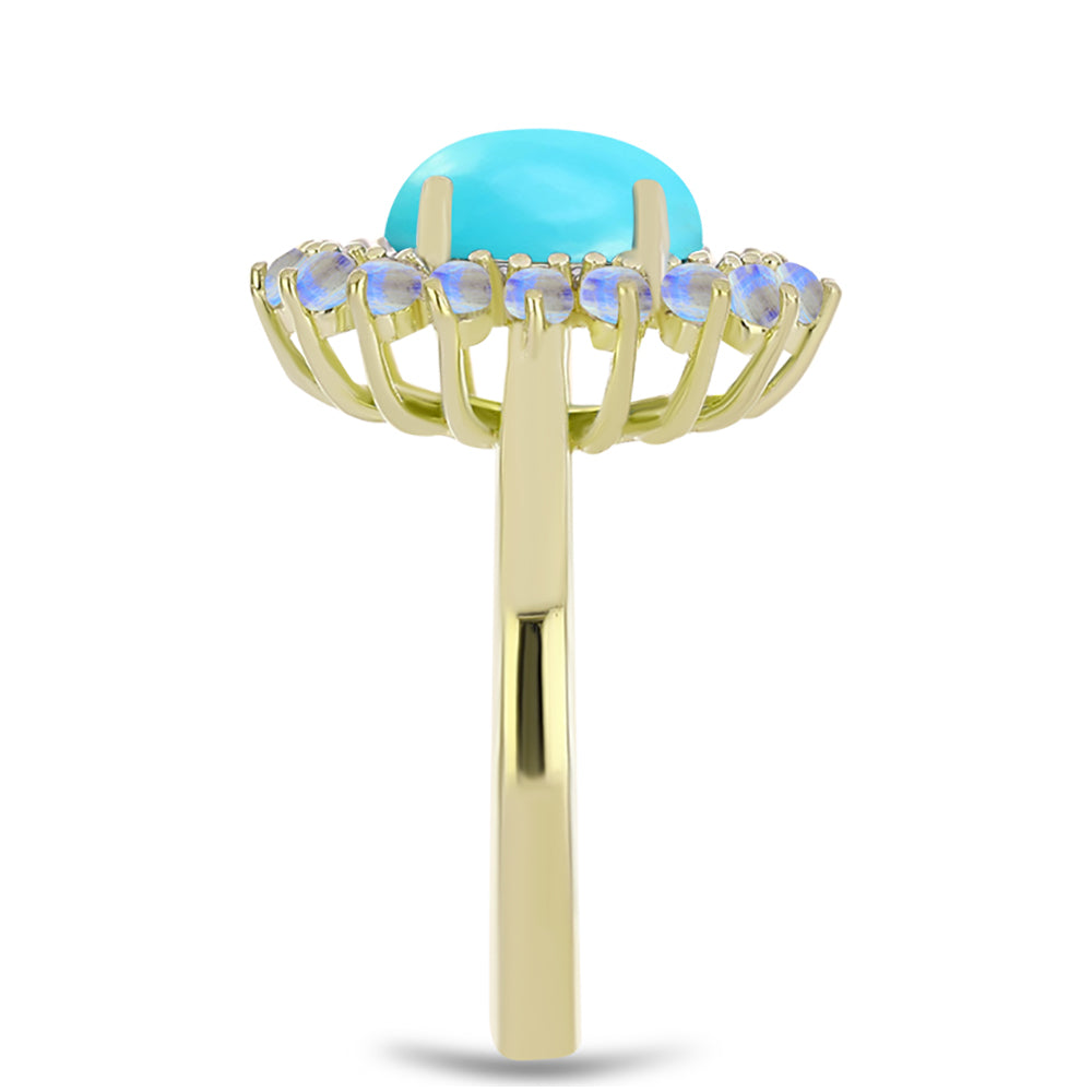 Anel de Prata com Banho de Ouro com Turquesa Bela Adormecida e Pedra da Lua Arco-íris  Contraste: Cabeca de Veado (800)