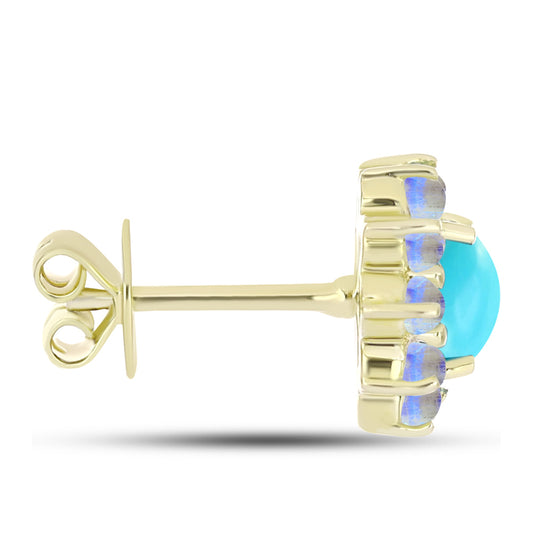 Brincos de Prata com Banho de Ouro com Turquesa Bela Adormecida e Pedra da Lua Arco-íris