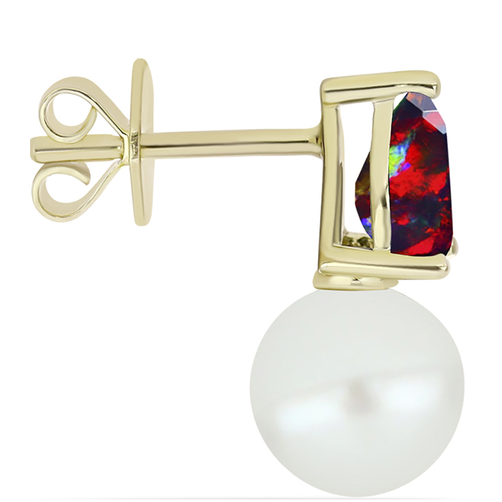 Conjunto de Prata com Banho de Ouro com Opala Preta de Lega Dembi da Etiópia e Pérola Branca de Água Doce ( Brincos+Anel+Pendente )  Contraste: Cabeca de Veado (800)