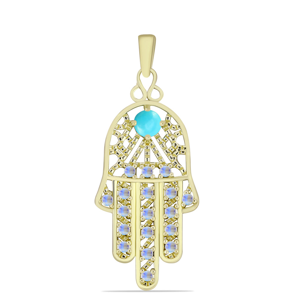 Pendente de Prata com Banho de Ouro com Turquesa Bela Adormecida e Pedra da Lua Arco-íris  Contraste: Cabeca de Veado (800)